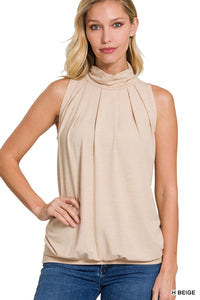 HIGH NECK PLEATED TOP WITH WAISTBAND